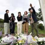 Professor Kanebumi Kanbe of the University of Nagasaki, far right, explains the situation at the time of the disaster to students, in Shimabara, Nagasaki Prefecture, on June 3, 2026. (Mainichi/Minoru Kanazawa)