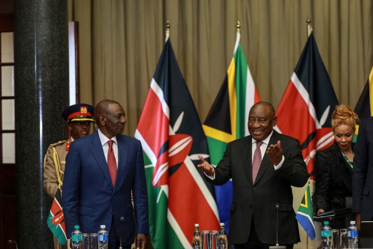 South Africa's President Cyril Ramaphosa (2nd R) gives opening remarks during his meeting with Kenya's President William Ruto (L) at the Union Buildings in Pretoria on June 4, 2026.