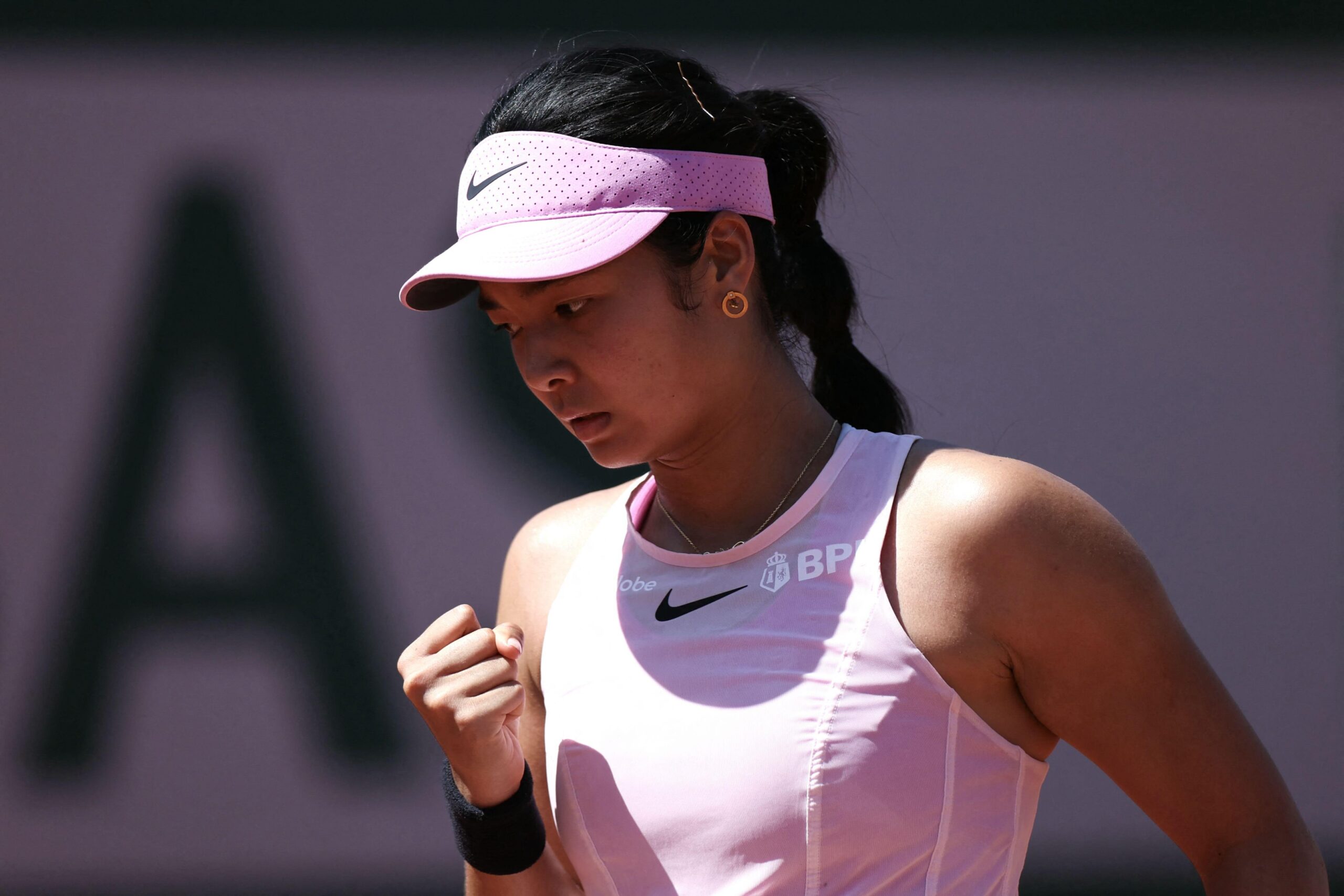 Alex Eala reacts after a point as she plays against Iva Jovic during their singles match on day 3 of the French Open at the Roland-Garros Complex in Paris on May 26, 2026. Photo by ALAIN JOCARD / AFP