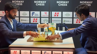D Gukesh (left) and R Praggnanandhaa following their clash at Norway Chess. (Screengrab/ChessBase India)