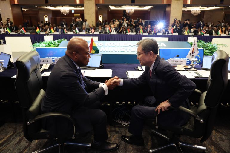South Korean Foreign Minister Cho Hyun talks with Ghanaian Foreign Minister Samuel Okudzeto Ablakwa during this year's South Korea-Africa Foreign Ministers' Meeting in Seoul, South Korea, 01 June 2026.
