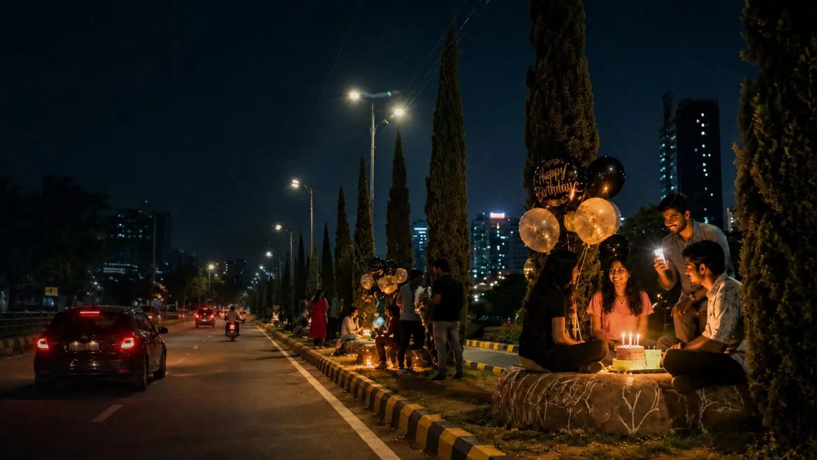 हैदराबाद की बर्थडे रोड पर लगे जन्मदिन बैनर और सजावट का दृश्य