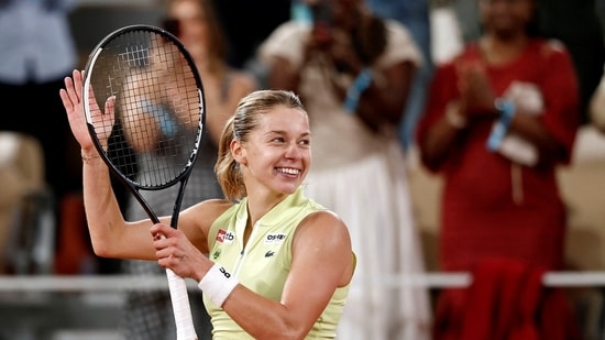 Poland's Maja Chwalinska celebrates after winning her semi-final match at Roland Garros. (REUTERS)